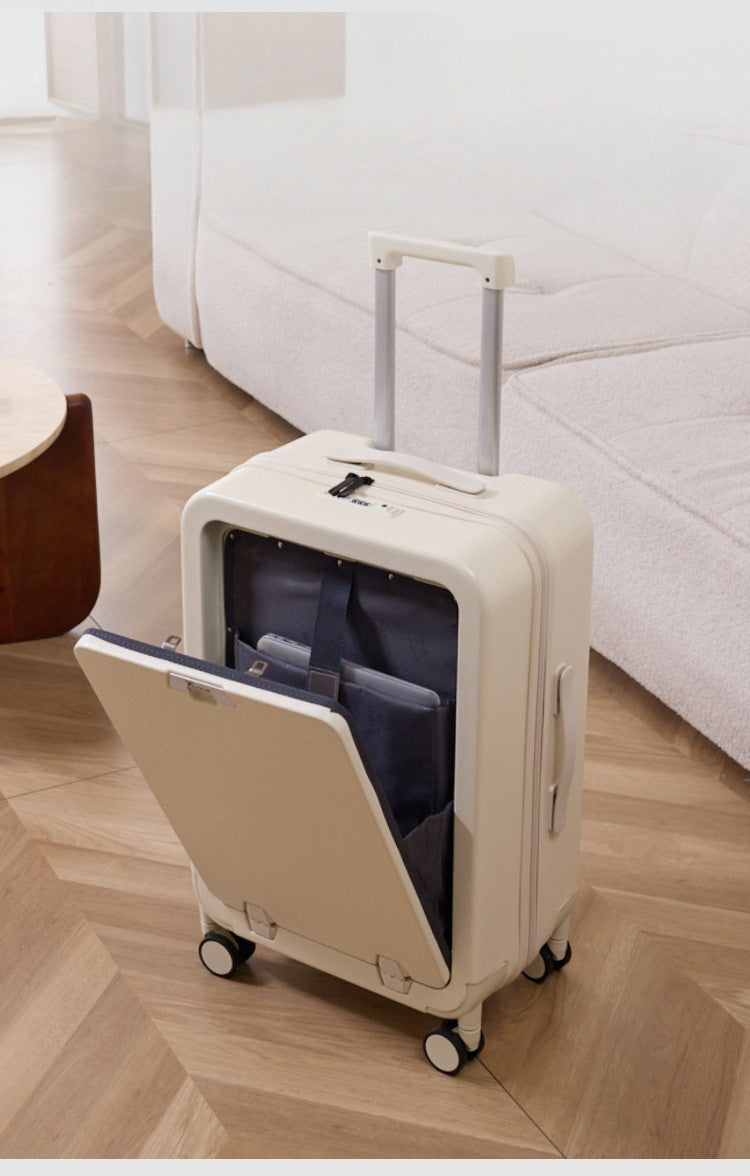 PC Hard-shell Front-Opening Spinner Luggage, Lightweight Suitcase with Password Lock for Travel