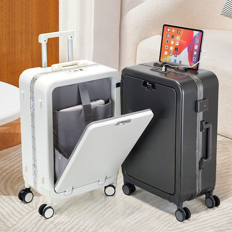 PC Hard-shell Front-Opening Spinner Luggage, Lightweight Suitcase with Password Lock for Travel